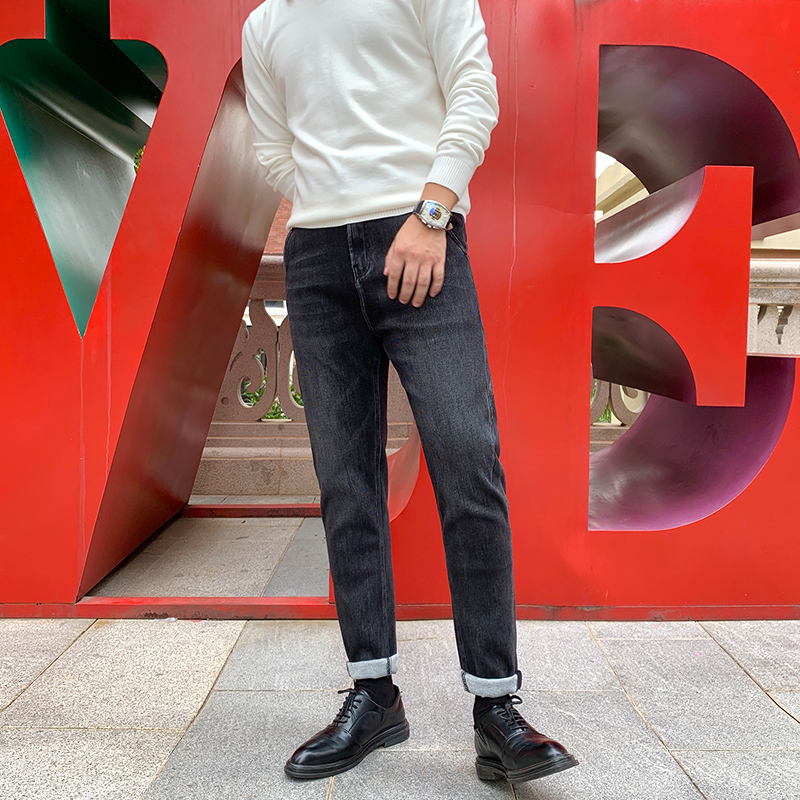 yuansu黑灰色男士牛仔裤直筒宽松秋冬季新款潮流时尚舒适弹力锥形长裤