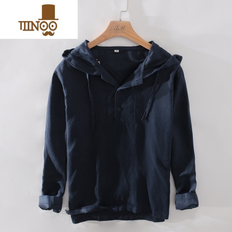 YANXU极麻日系清新连帽百搭薄款亚麻卫衣男士休闲宽松透气棉麻上衣外套高清大图