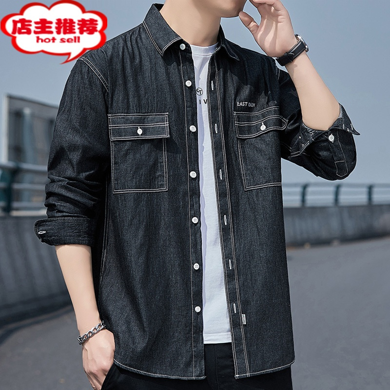 shanchao春季男士牛仔长袖衬衫黑色宽松休闲港风男装上衣衬衣潮流外套