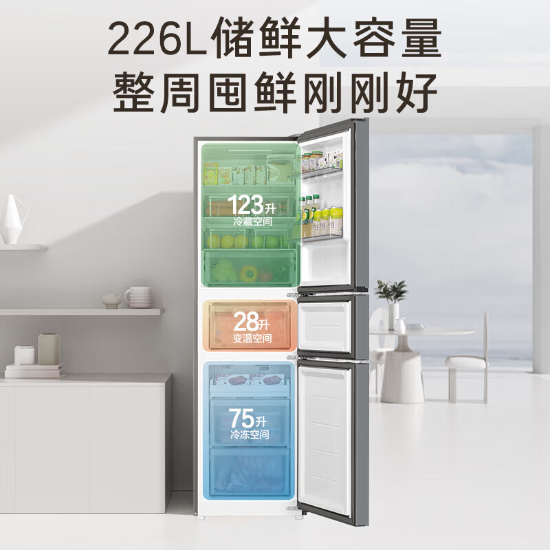 海尔(Haier)三门冰箱226L容量双变频1级能效三门风冷无霜家用节能电冰箱三开门 BCD-226WGHC3E9XM高清大图