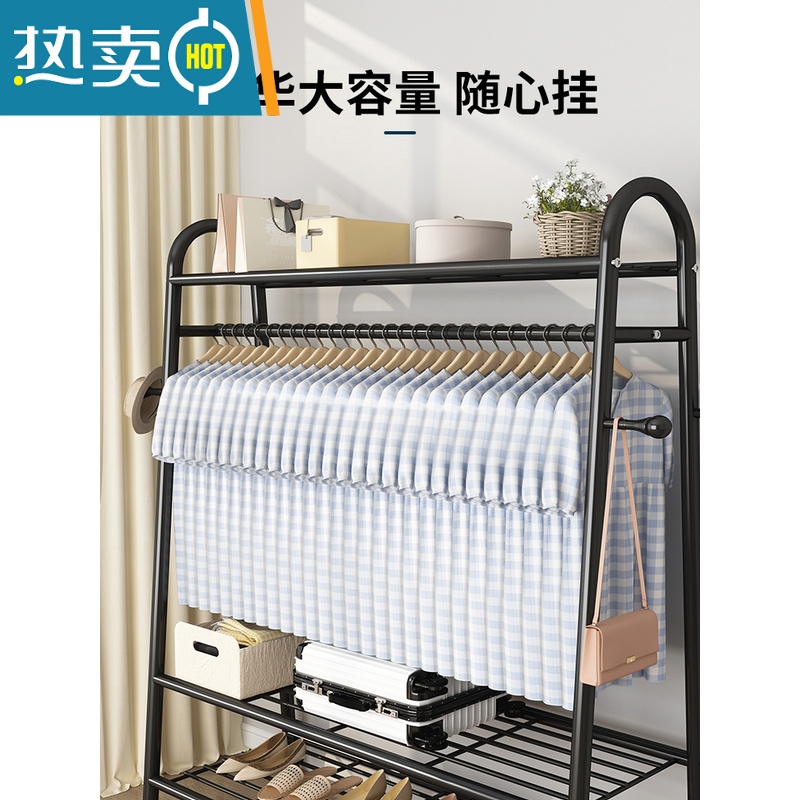 敬平简易晾衣架落地卧室内挂衣架折叠宿舍阳台收纳家用凉晒衣服杆架子 双层置物架-金-120CM高清大图