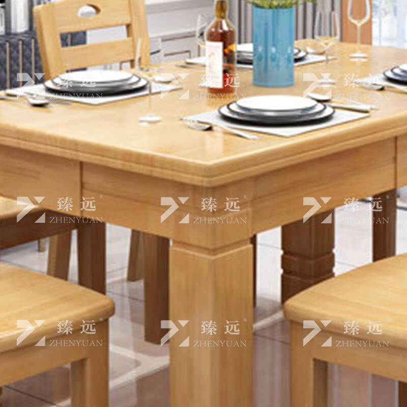 臻远ZY3121612实木餐桌椅组合原木色长方形餐桌椅1.45米一桌六椅