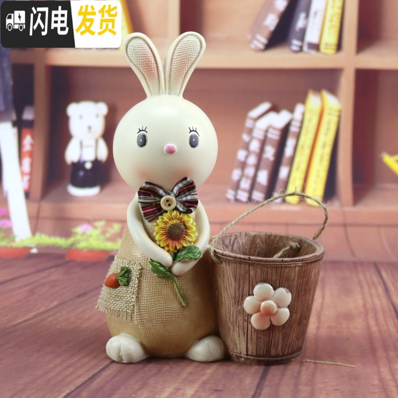 三维工匠小兔子笔筒少女心ins可爱超萌卡通粉日系桌边多功能沙漏学生笔桶 手捧花兔子笔筒存钱罐