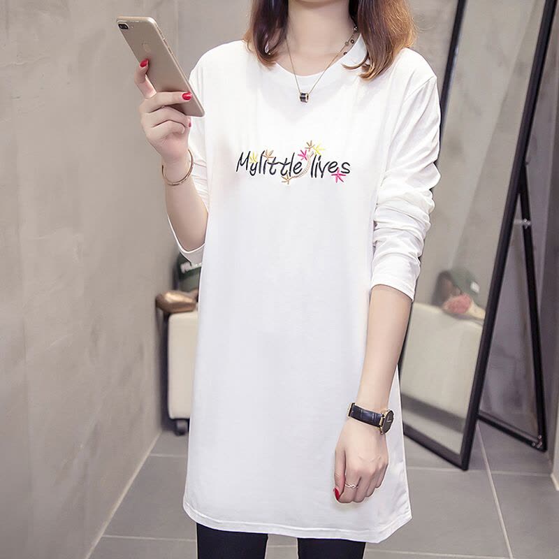 迪鲁奥(DILUAO)孕妇长袖春秋季孕妇装宽松大码遮肚显瘦中长款长袖上衣时尚圆领休闲绣花怀孕期秋装外穿长衫图片