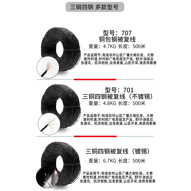 千天(QANTOP)701三铜四钢被复线500米 7*0.25mm 双绞丝线 地质勘探线 镀锡 QT-LC010