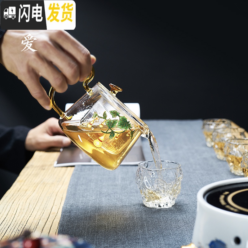 三维工匠景泰蓝工艺办公泡茶壶彩把烧水壶电陶炉煮茶壶玻璃家用养生壶 一品兰梅.透明把煮茶器+鱼跃龙门电陶炉茶具高清大图