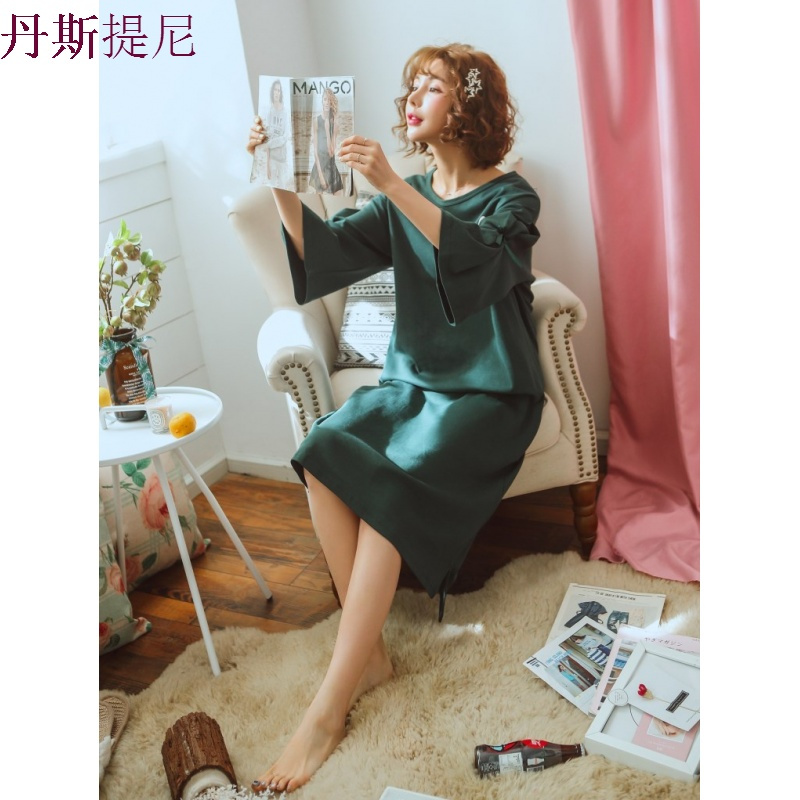 睡裙女秋纯棉韩版大码宽松七分袖长款绿色睡衣女学生家居服可外穿