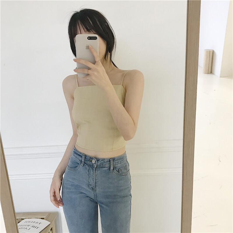 夏季韩国chic清新度假风后背蝴蝶结绑带小性感短款露腰带背心女姜黄色均码