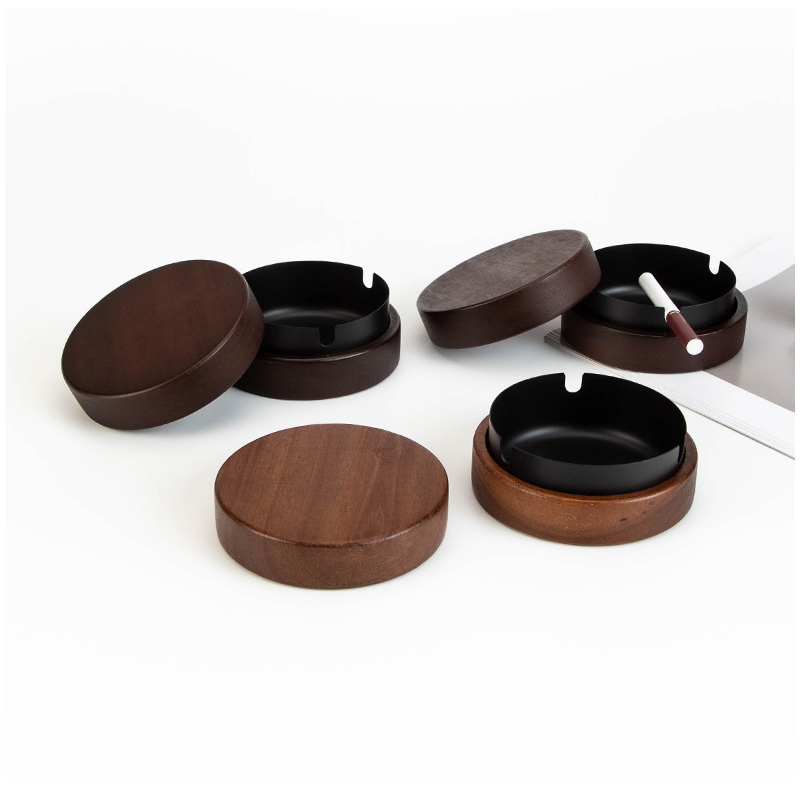 福善堂 带盖胡桃木烟灰缸家用办公酒店复古轻奢胡桃木防飞灰烟缸F1