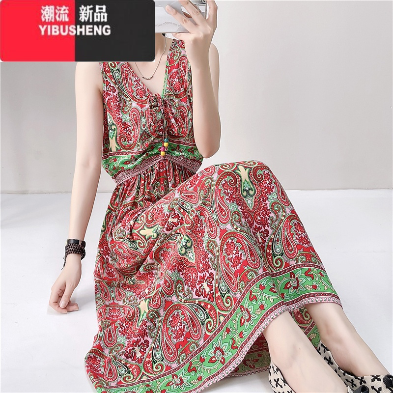 YIBUSHENG无袖棉绸连衣裙女民族风长款过膝碎花裙波西米亚大码显瘦沙滩裙