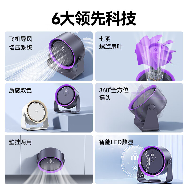 对伴2024夏季新品桌面风扇 触控数显充电 空气循环扇台式壁挂无叶风扇 WSB-2充电款6寸桌面底座款风扇白色3600毫高清大图