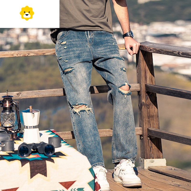 fishbasket85盎司超薄破洞直筒牛仔裤男美式复古季宽松阔腿长裤子