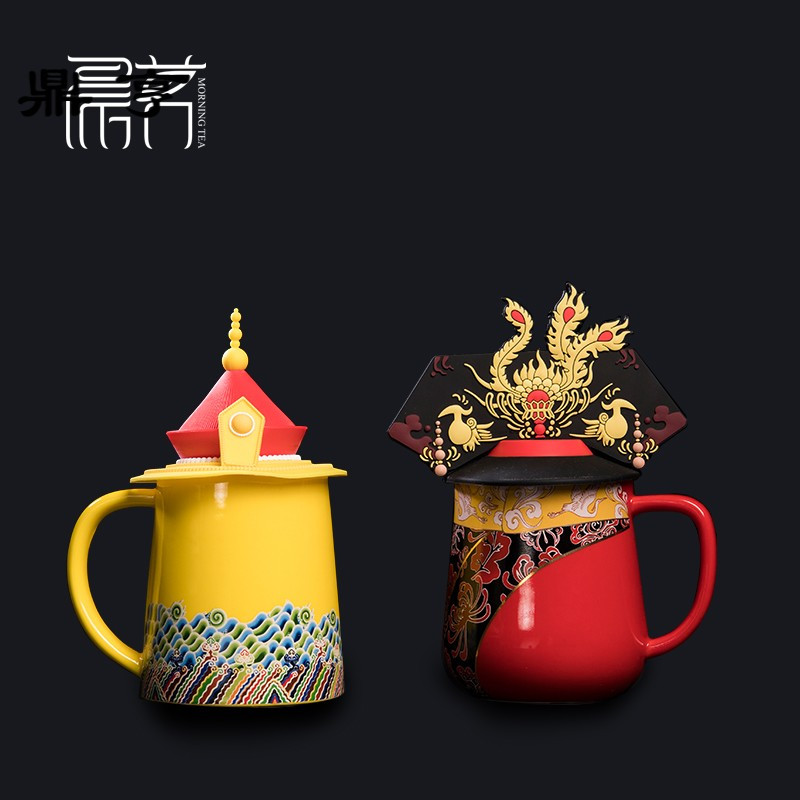 鼎亨中国风咖啡杯陶瓷杯茶杯龙凤马克杯子创意皇帝皇后龙帽凤冠硅