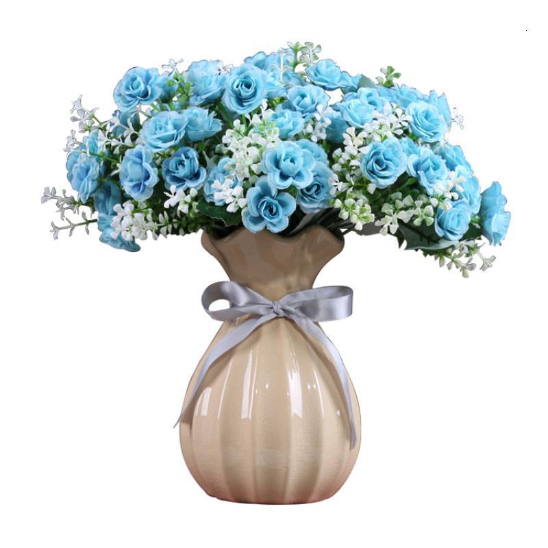 简约陶瓷波浪口花瓶小清新干花花器客厅桌面卧室插花家居装饰摆件 三维工匠 米黄冰裂纹大号+3束贵族香槟