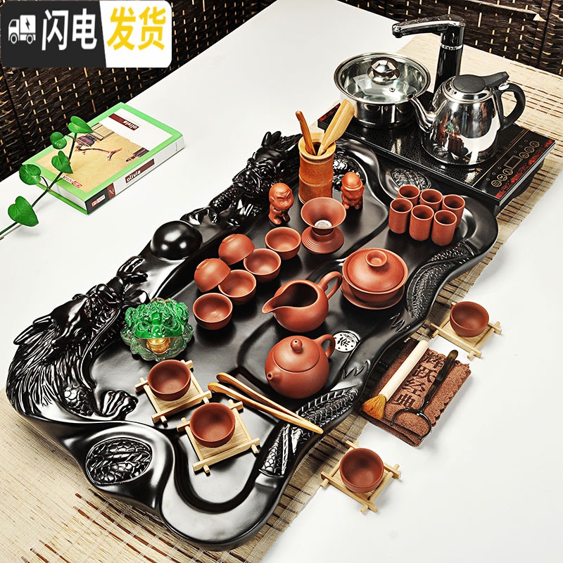 三维工匠茶具家用陶瓷茶具套装紫砂汝窑功夫茶具电磁炉科技木茶盘茶台 玻璃呈祥鸡翅358 39件高清大图