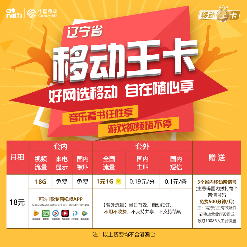 辽宁移动王卡1元1GB全国流量卡4G手机卡号码卡
