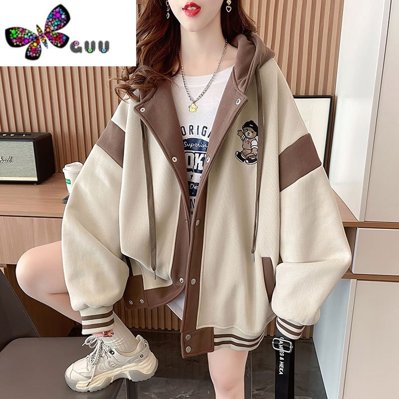 语娄早秋开衫外套女2023新款韩版宽松百搭撞色薄款棒球服卫衣潮