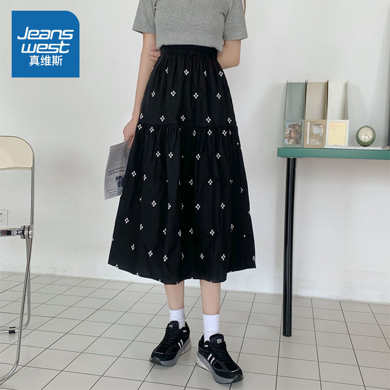 真维斯复古收腰显瘦印花半身裙女2022夏装新款中长款百搭气质时尚