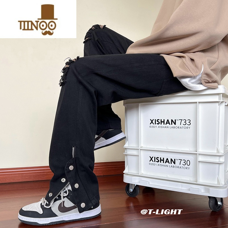 YANXU黑色破洞牛仔裤男夏季高街设计感拉链直筒裤美式拖地长裤