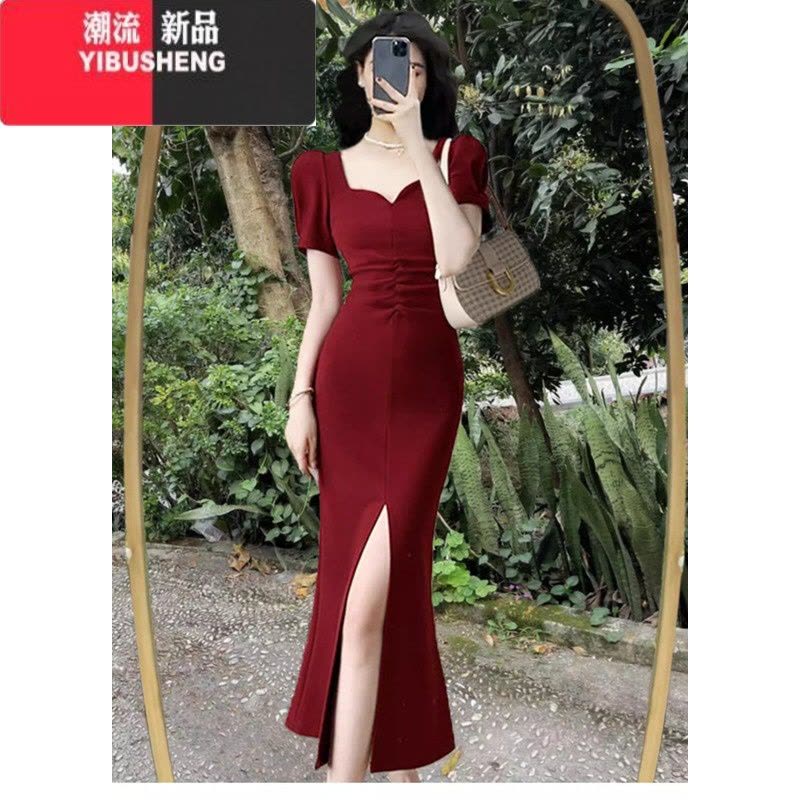 YIBUSHENG高级红色连衣裙女2024新款复古气质赫本风敬酒订婚礼服鱼尾长裙图片