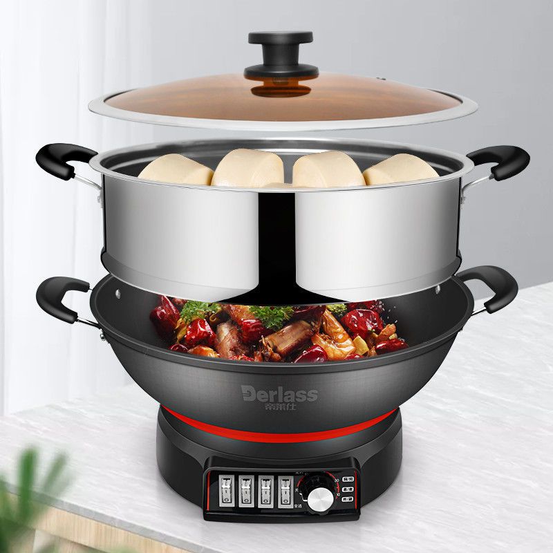 电炒锅一体铸铁多功能加厚电热锅家用电锅不粘锅电铁锅炒菜|单竹笼(送