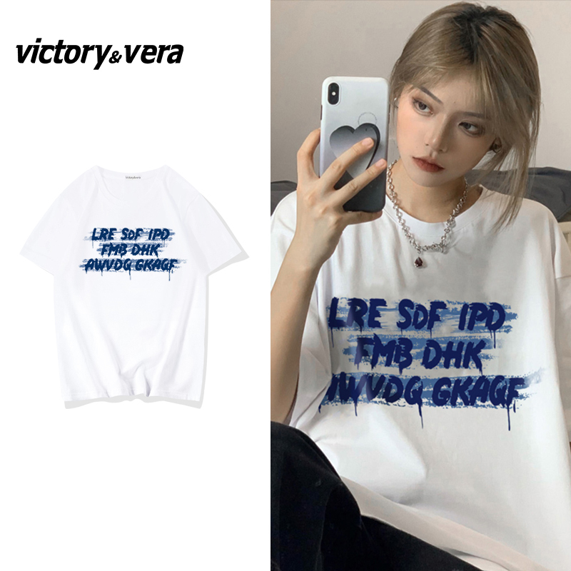 Victory&vere美式复古纯棉T恤女ins潮字母宽松涂鸦设计感短袖上衣