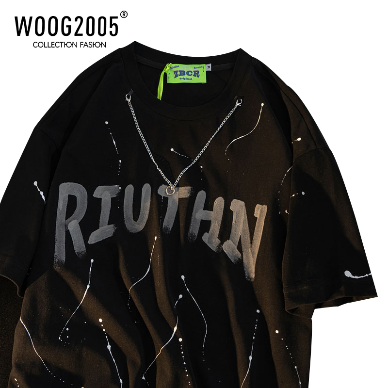 WOOG2005美式复古重磅短袖T恤男设计感西海岸泼墨拉链黑色半截袖