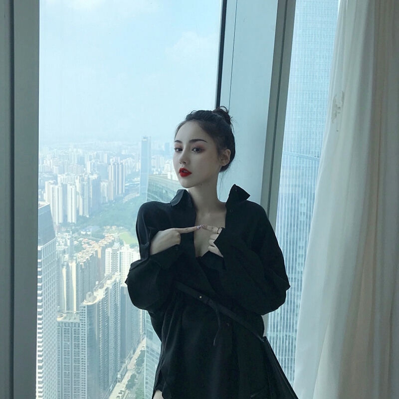 2018秋装新款小心机中长款开衫港风宽松上衣防晒衬衫女送腰带白色送腰带均码
