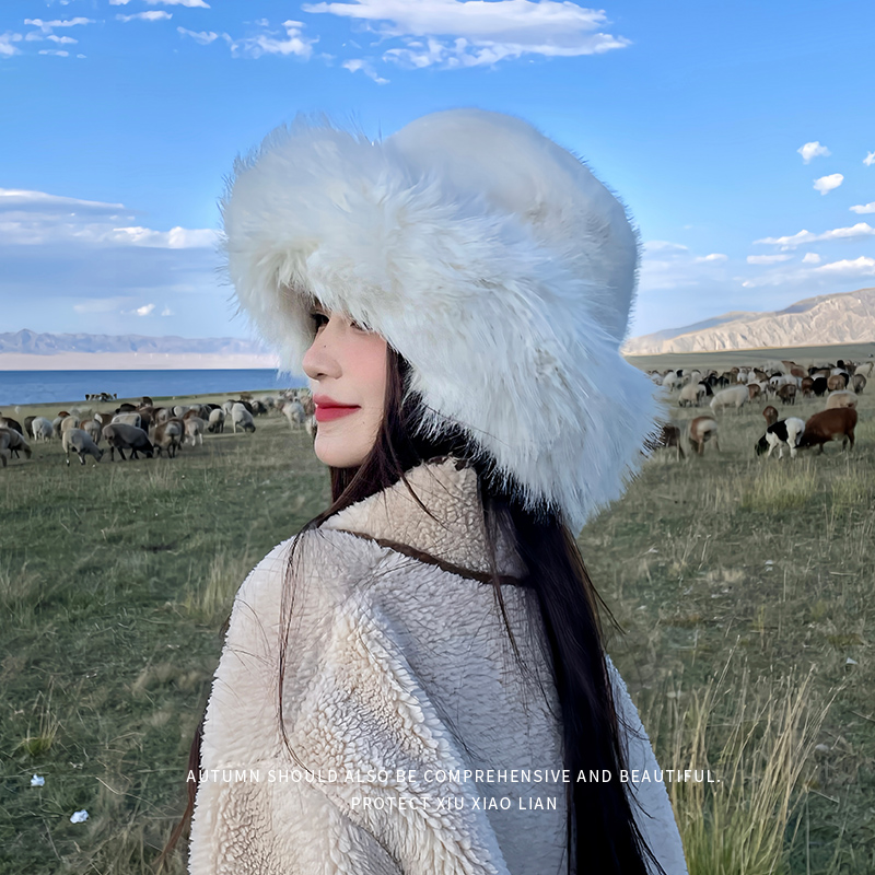帽子女冬季2023新款显脸小加绒加厚保暖护耳帽大头围毛茸茸渔夫围高清大图