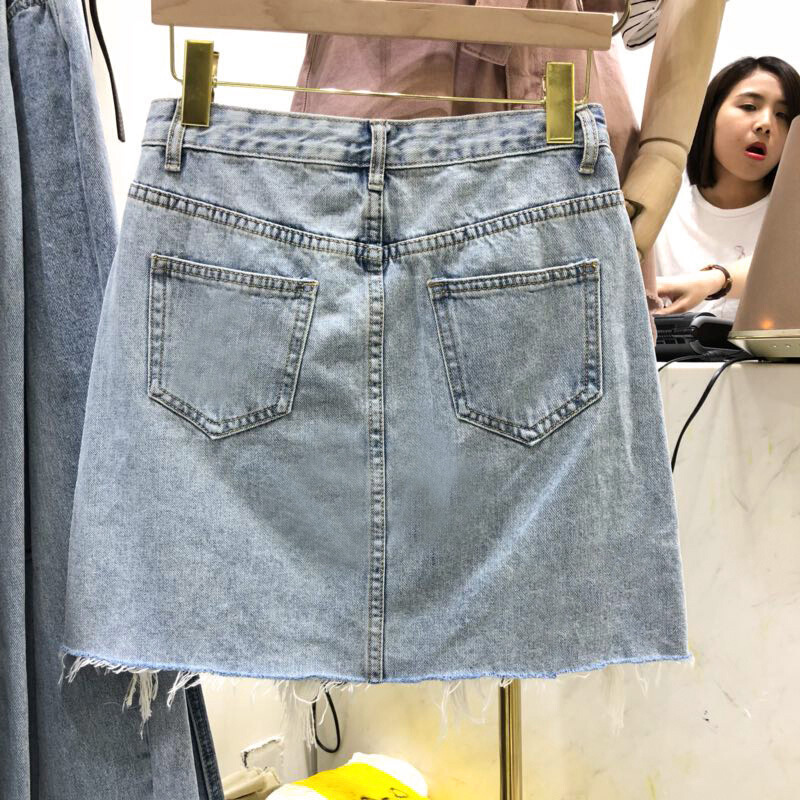 特惠复古毛边不规则牛仔半身裙女2018夏季修身显瘦包臀裙A字短裙蓝色