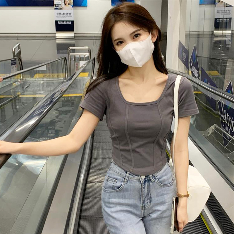 方领T恤女装夏季韩版新款辣妹风设计感修身显瘦短款短袖上衣