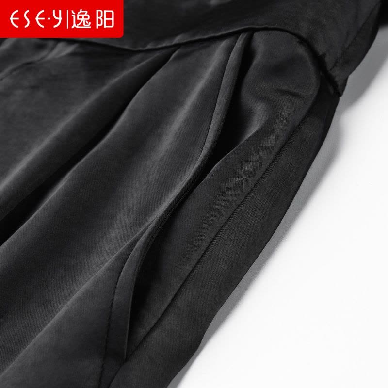 逸阳女裤2020春季新款阔腿裤女花苞腰宽松直筒梭织黑色显瘦长裤女图片