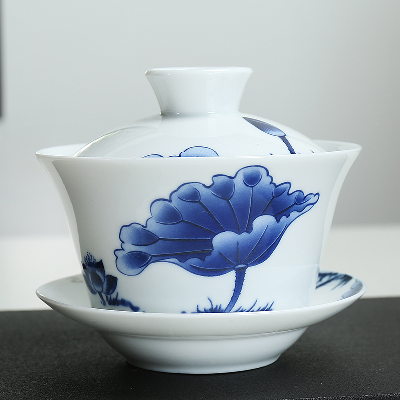 青花瓷特大号三才盖碗泡茶功夫茶具陶瓷茶杯套装超大茶碗泡茶碗荷塘