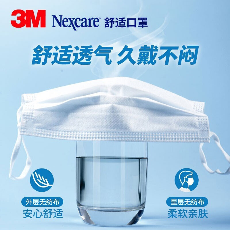 3M防霾口罩耐适康舒适一次性三层防护过滤细菌儿童独立包装透气口罩静电过滤层35枚每盒高清大图