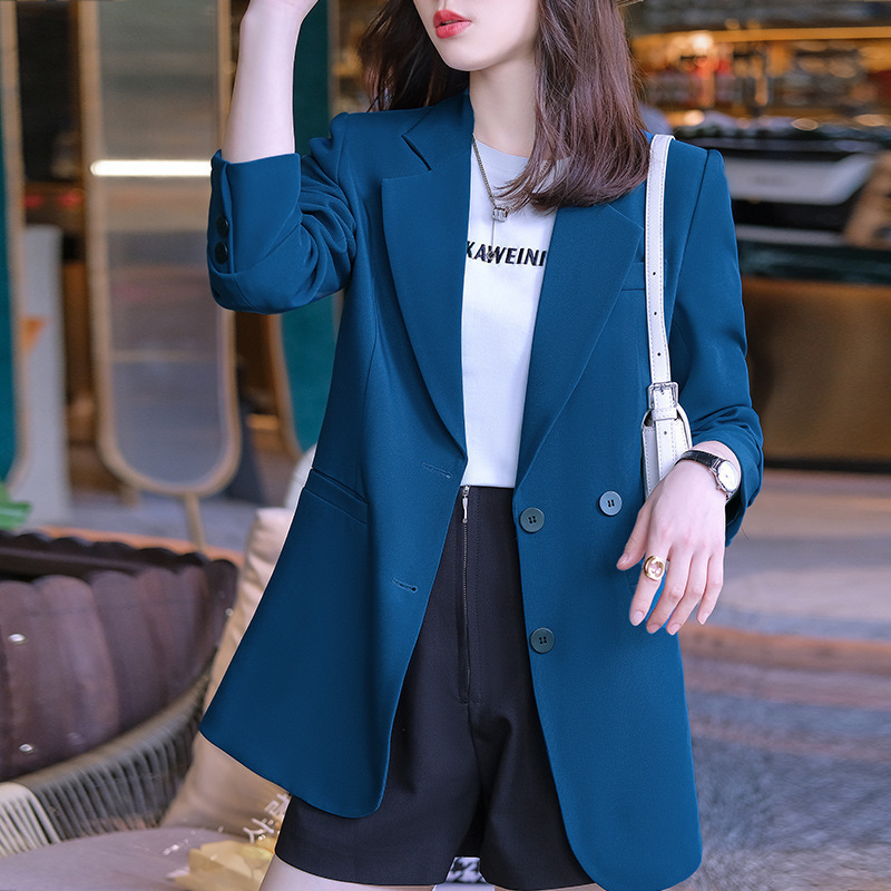 女先生女士西装 蓝色西装外套女2021春秋宽松开叉休闲垂感英伦风网红