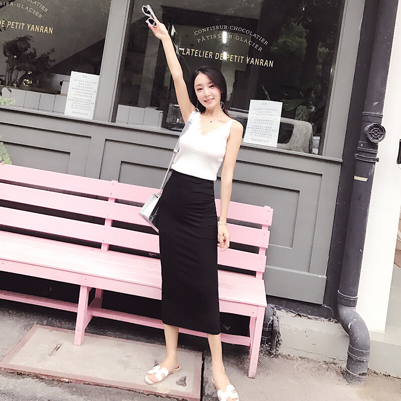 包臀裙后开叉半身裙女2018夏季薄款显瘦中长款百搭高腰一步裙黑色裙长78-82cm