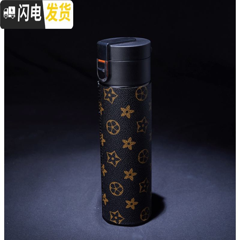三维工匠私人订制 贴皮保温杯学生简约水杯瓶男女便携创意个性潮流大容量 黑色黑底金花高清大图