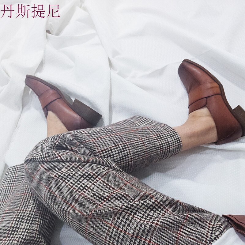 复古格子毛呢西裤女英伦风高腰哈伦裤百搭时尚休闲裤经典九分裤潮图片色