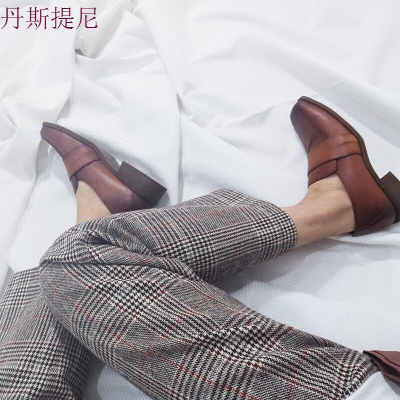 复古格子毛呢西裤女英伦风高腰哈伦裤百搭时尚休闲裤经典九分裤潮图片色