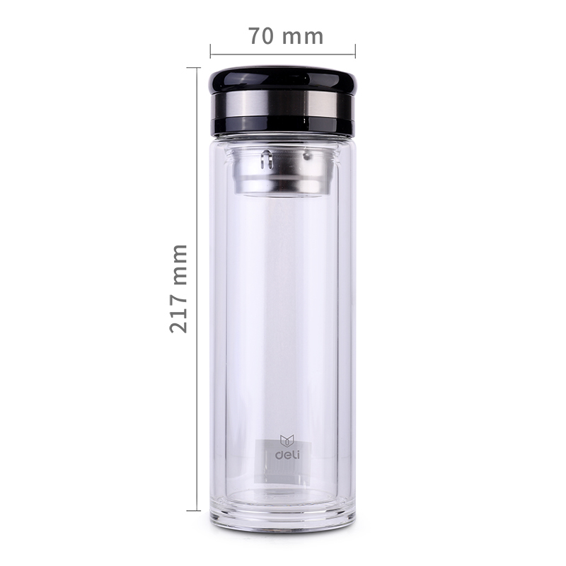 得力玻璃杯双层隔热过滤隔网过滤便携商务水杯送礼茶杯400ml
