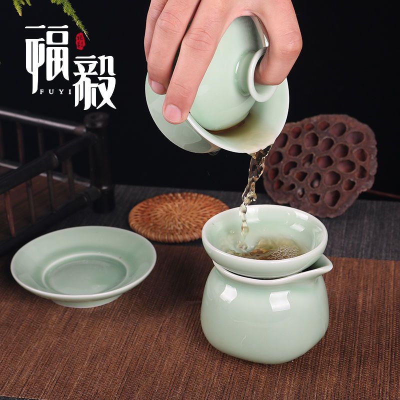[买三送一]特价青瓷盖碗茶杯功夫茶具泡茶壶陶瓷茶碗大号三才碗 青瓷[纯色]