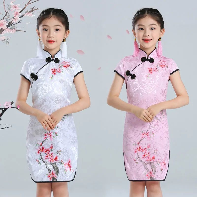 粉红色100儿童旗袍女童旗袍夏连衣裙小女孩旗袍儿童女夏中国风童装