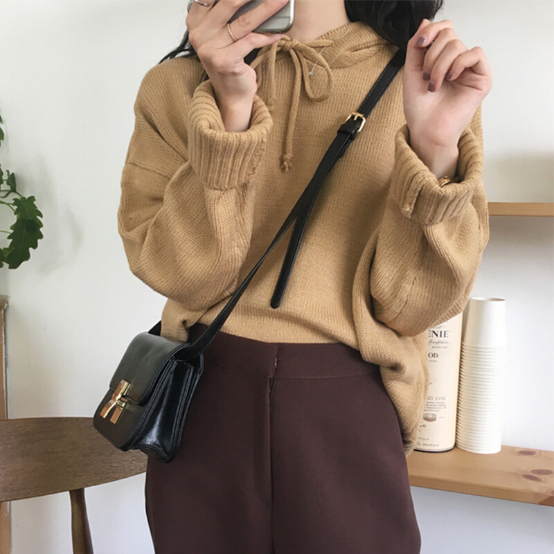 毛衣外套女2018秋装韩版百搭复古宽松显瘦长袖连帽针织衫上衣 卡其色 均码