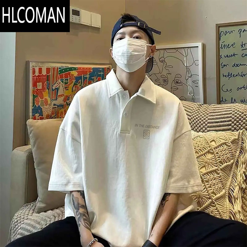 HLCOMAN衫短袖男夏季男潮牌宽松学院风休闲半袖t恤翻领上衣