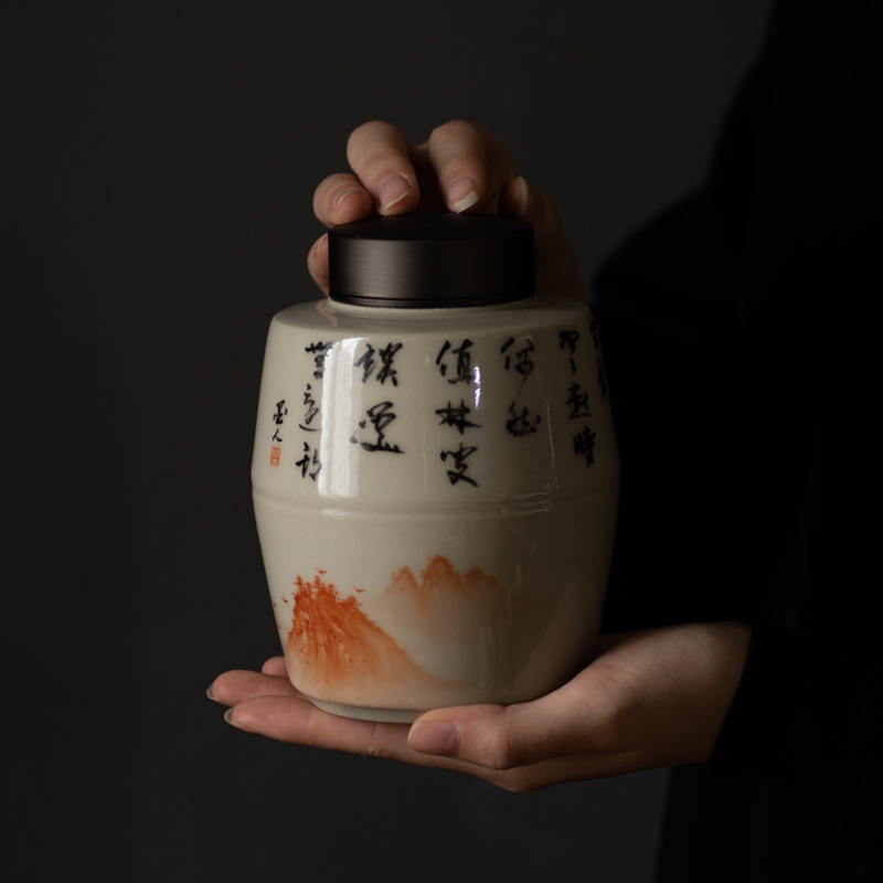 美帮汇手绘矾红木灰釉盖碗壶承功夫茶具套装茶杯锡盖密封茶叶罐高清大图