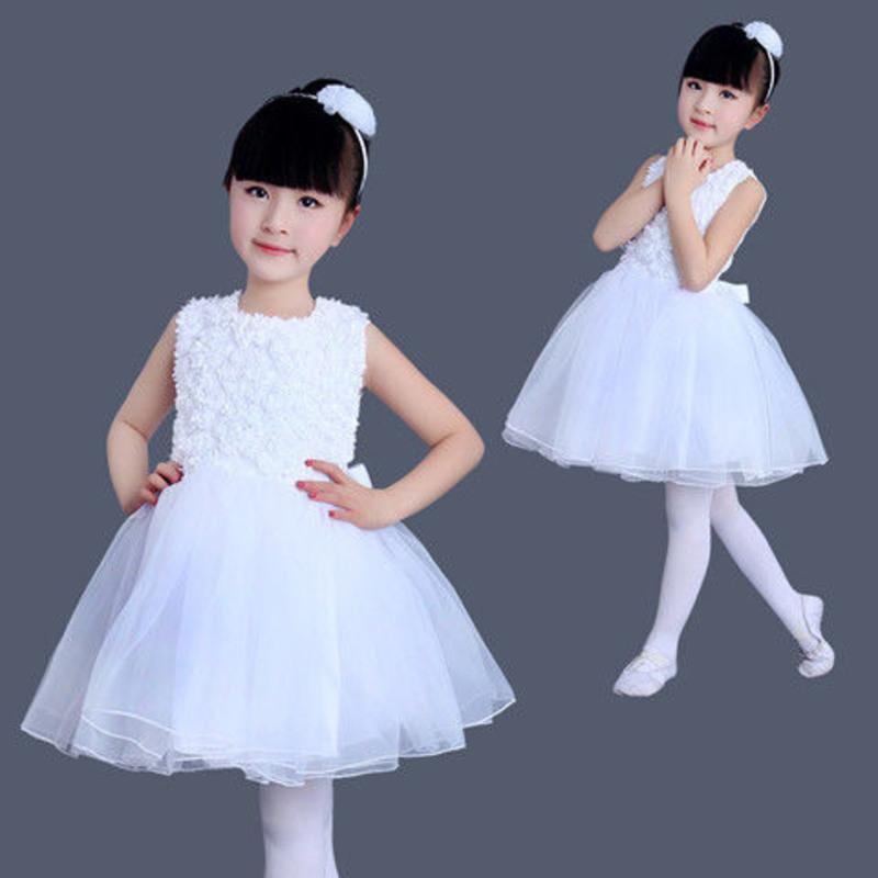女童公主蓬蓬纱裙元旦演出服儿童白色舞蹈表演服装幼儿园合唱服装 无袖白毯花 100