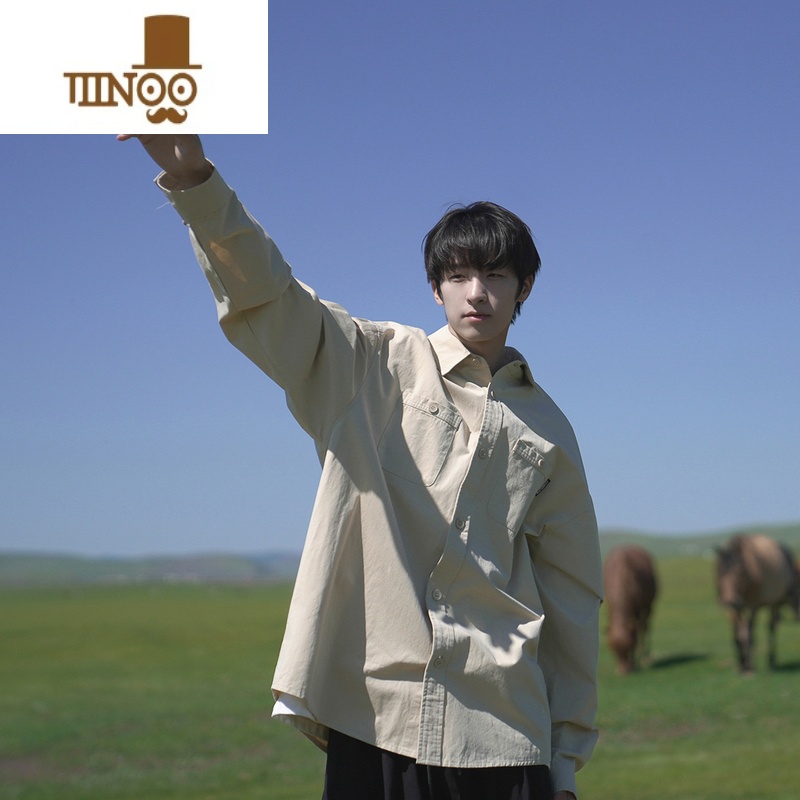 YANXUE禾子秋装男士长袖衬衫日系少年感纯色百搭休闲百搭衬衣潮高清大图