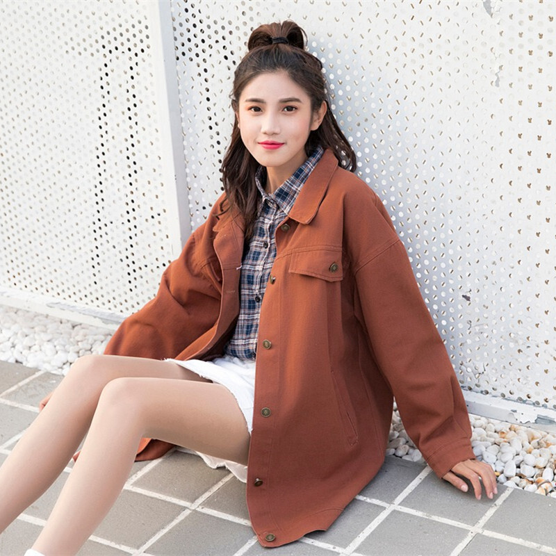 春秋韩版宽松大码bf学生糖果色原宿中长款牛仔工装风衣外套女