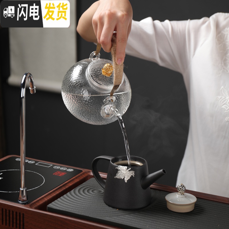 三维工匠日式功夫茶具套装家用茶道泡茶茶台茶盘全自动简约客厅现公室 抽水电陶炉茶盘+玻璃烧水壶+11头玻璃茶具 12件高清大图