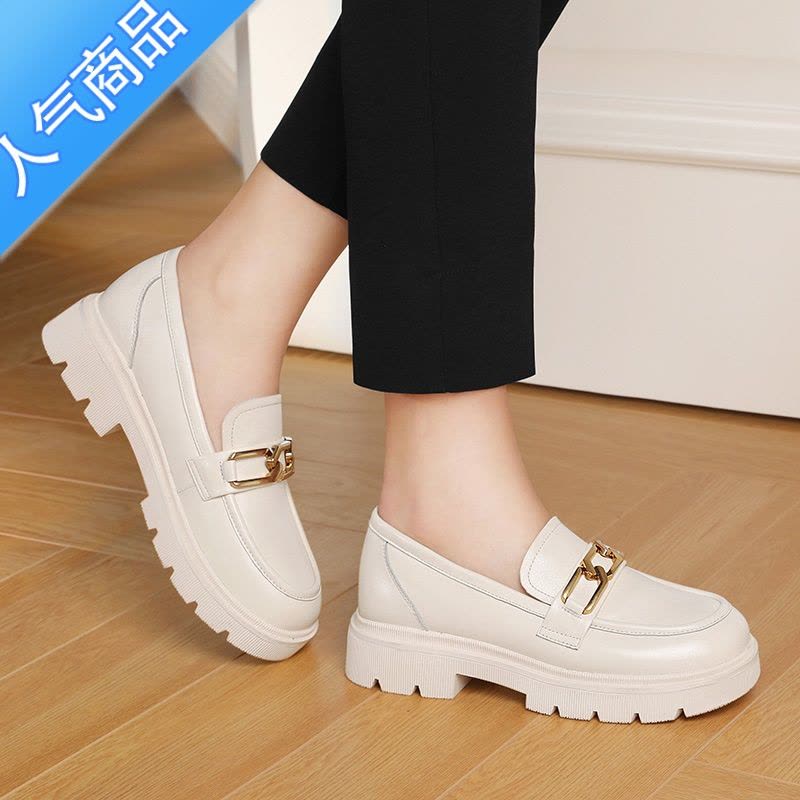 SUNTEK厚底乐福鞋女2023年新款春夏季单鞋平底一脚蹬软底中跟小皮鞋图片